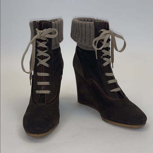Chloe Shoes - Chloé Brown Suede and Knit Lace-up Wedge Booties